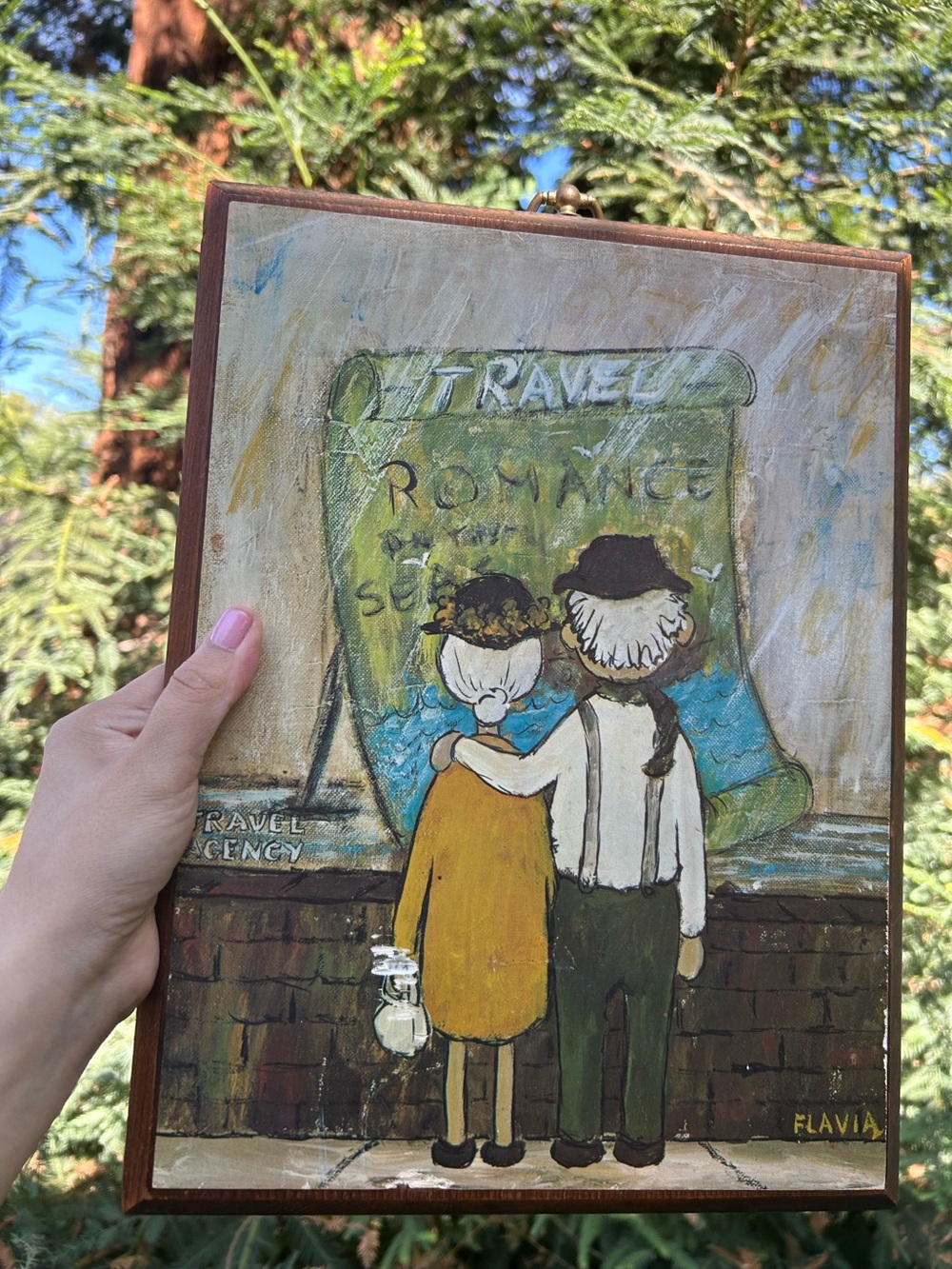 Mid Century Flavia Buzza Wood Plaque Wall Art 1969 Romance Travel Couple